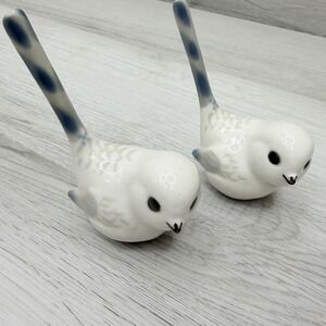 Porcelain Long Tail Bird Figurines Pair Soviet Era USSR White Blue VTG